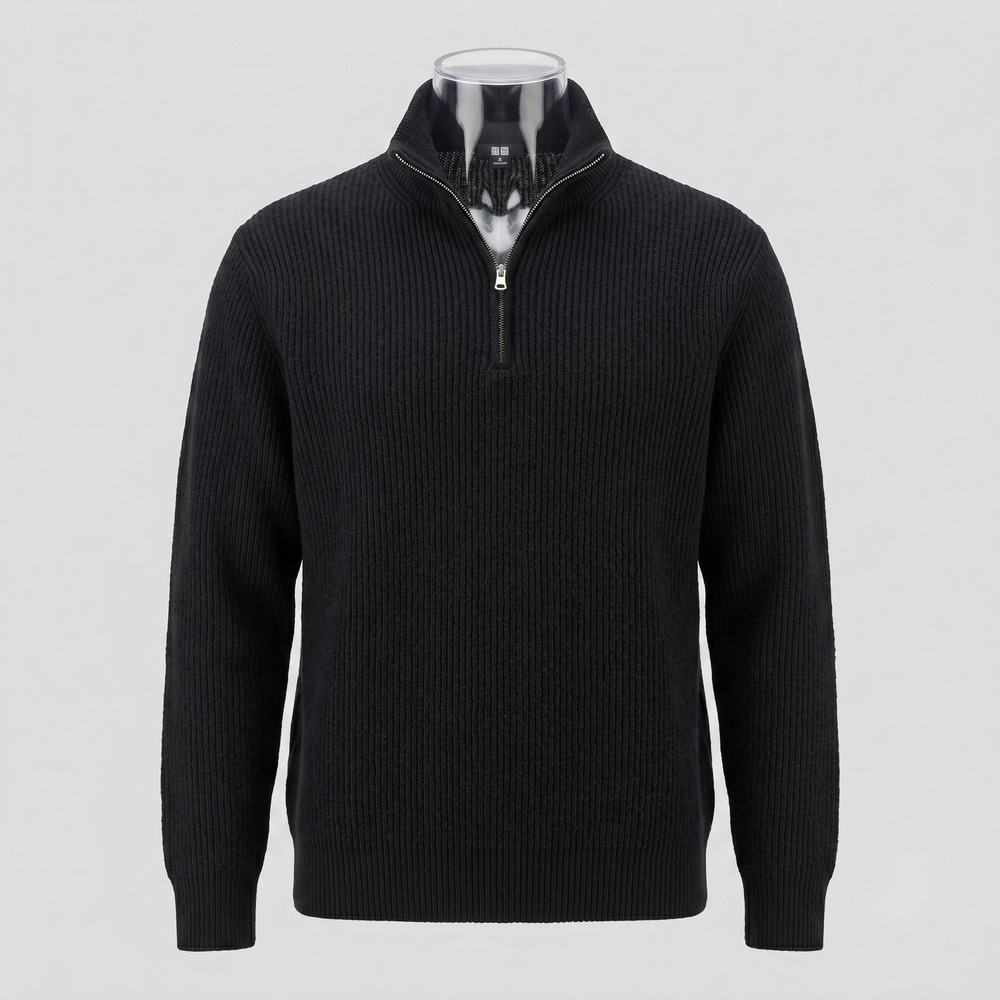 Uniqlo Mens Large Black Sweater 1/4 Zip Ribbed Knit Mock Neck Long Sleeve